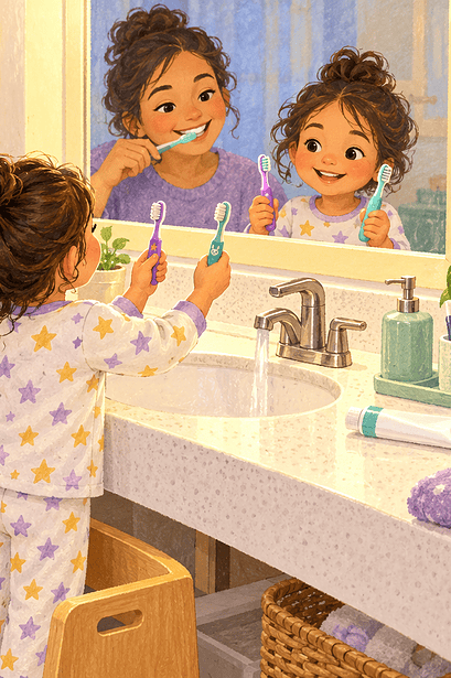 A wheelchair-using parent demonstrating toothbrushing while a preschool child chooses a toothbrush at the sink
