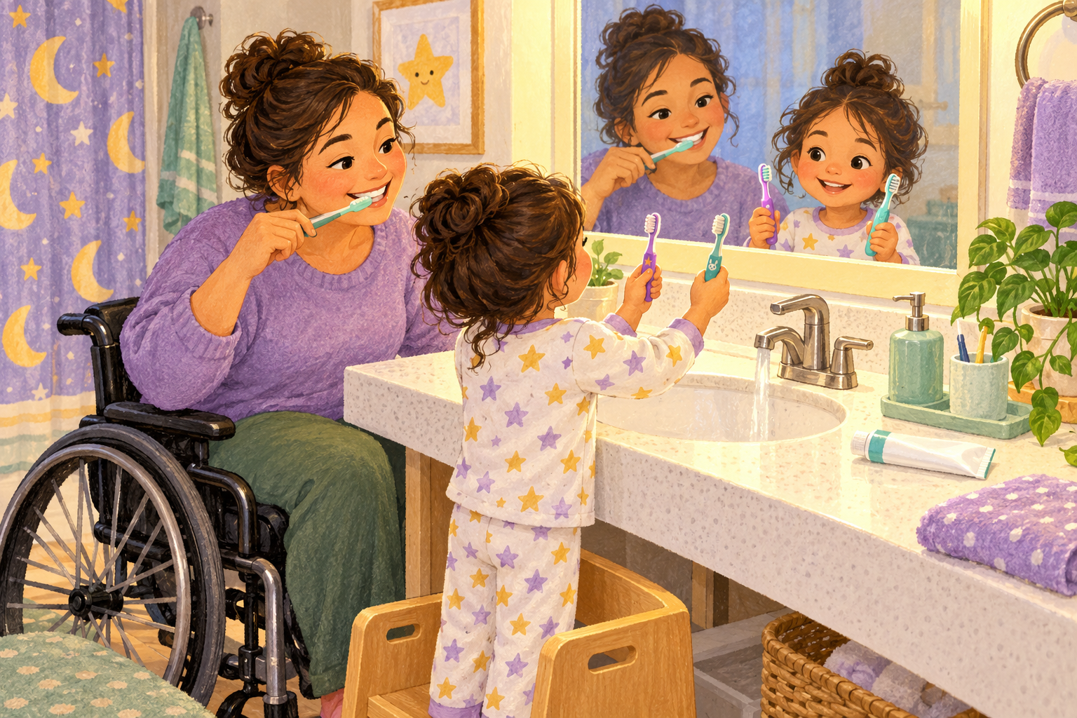 A wheelchair-using parent demonstrating toothbrushing while a preschool child chooses a toothbrush at the sink