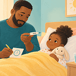 A caregiver checking a resting child’s temperature with a digital thermometer