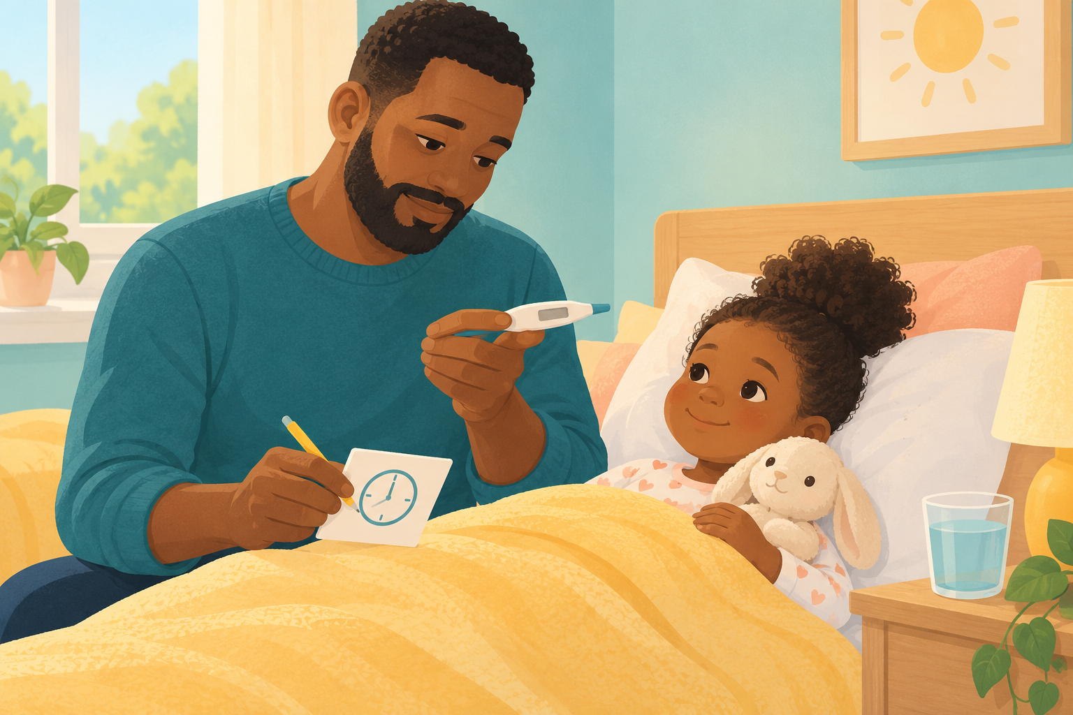 A caregiver checking a resting child’s temperature with a digital thermometer