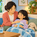 A caregiver offering a warm drink to a child resting with a cough and cold