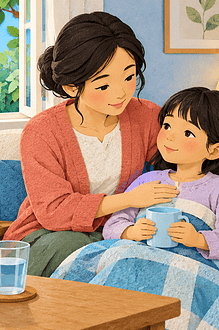 A caregiver offering a warm drink to a child resting with a cough and cold