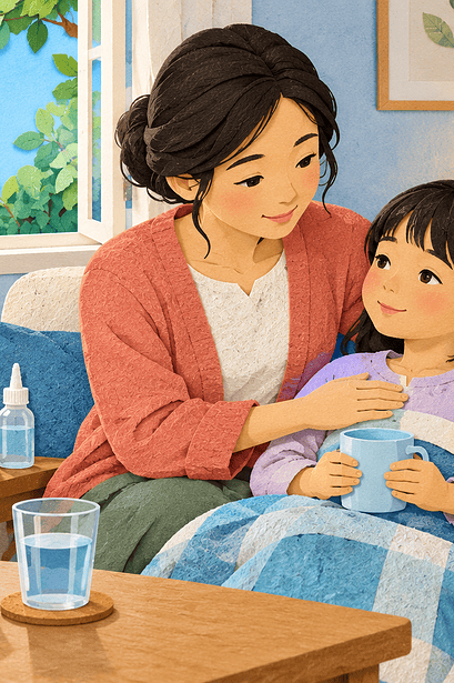 A caregiver offering a warm drink to a child resting with a cough and cold