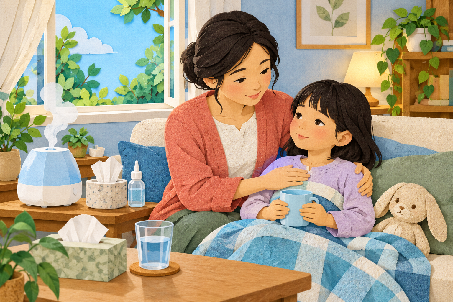 A caregiver offering a warm drink to a child resting with a cough and cold