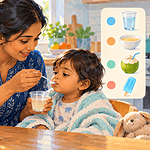 A caregiver offering small sips of fluid to a child resting after a stomach illness