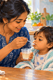 A caregiver offering small sips of fluid to a child resting after a stomach illness