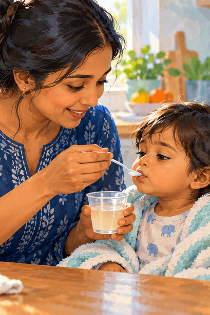 A caregiver offering small sips of fluid to a child resting after a stomach illness