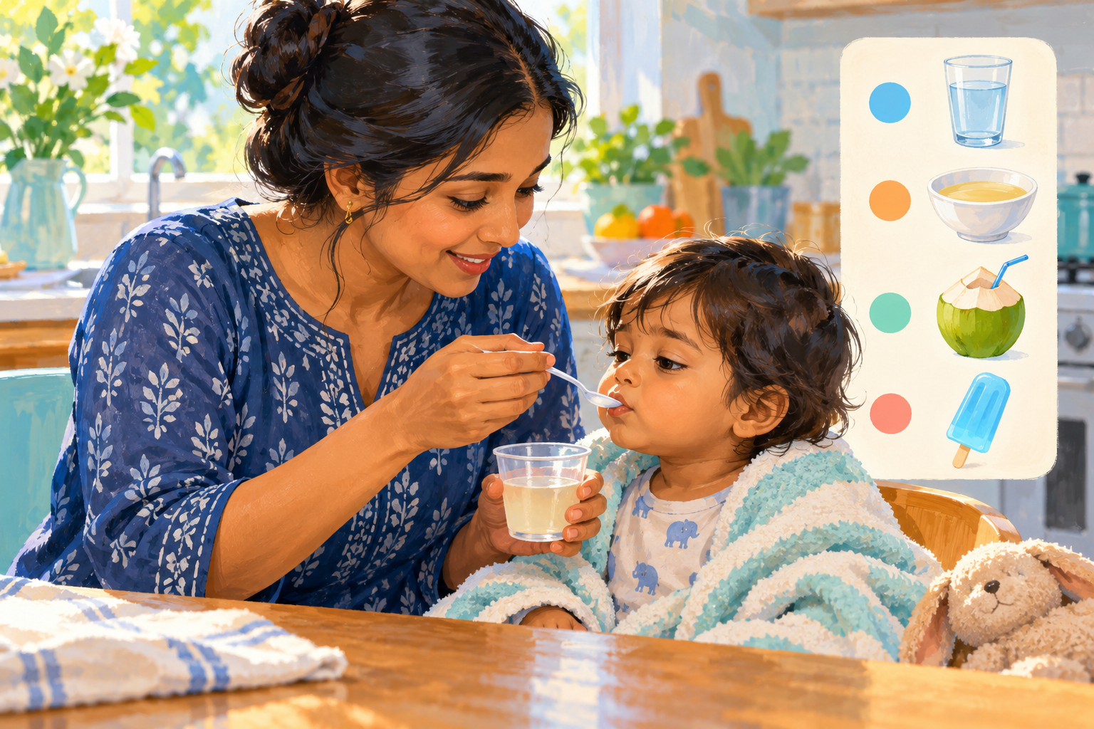 A caregiver offering small sips of fluid to a child resting after a stomach illness