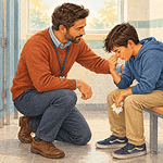 A caregiver helping a child lean forward and pinch the soft part of the nose