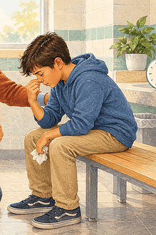 A caregiver helping a child lean forward and pinch the soft part of the nose