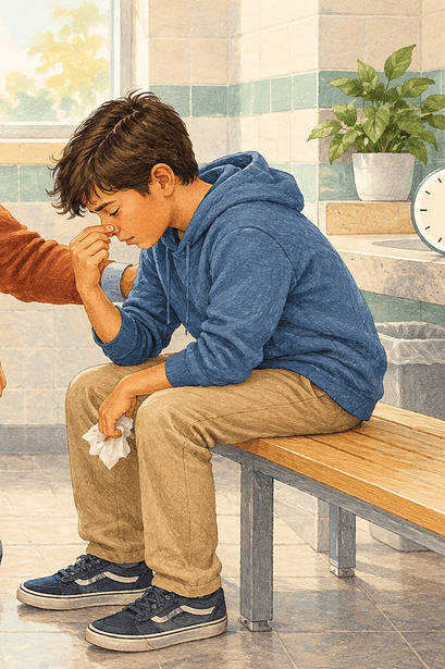 A caregiver helping a child lean forward and pinch the soft part of the nose