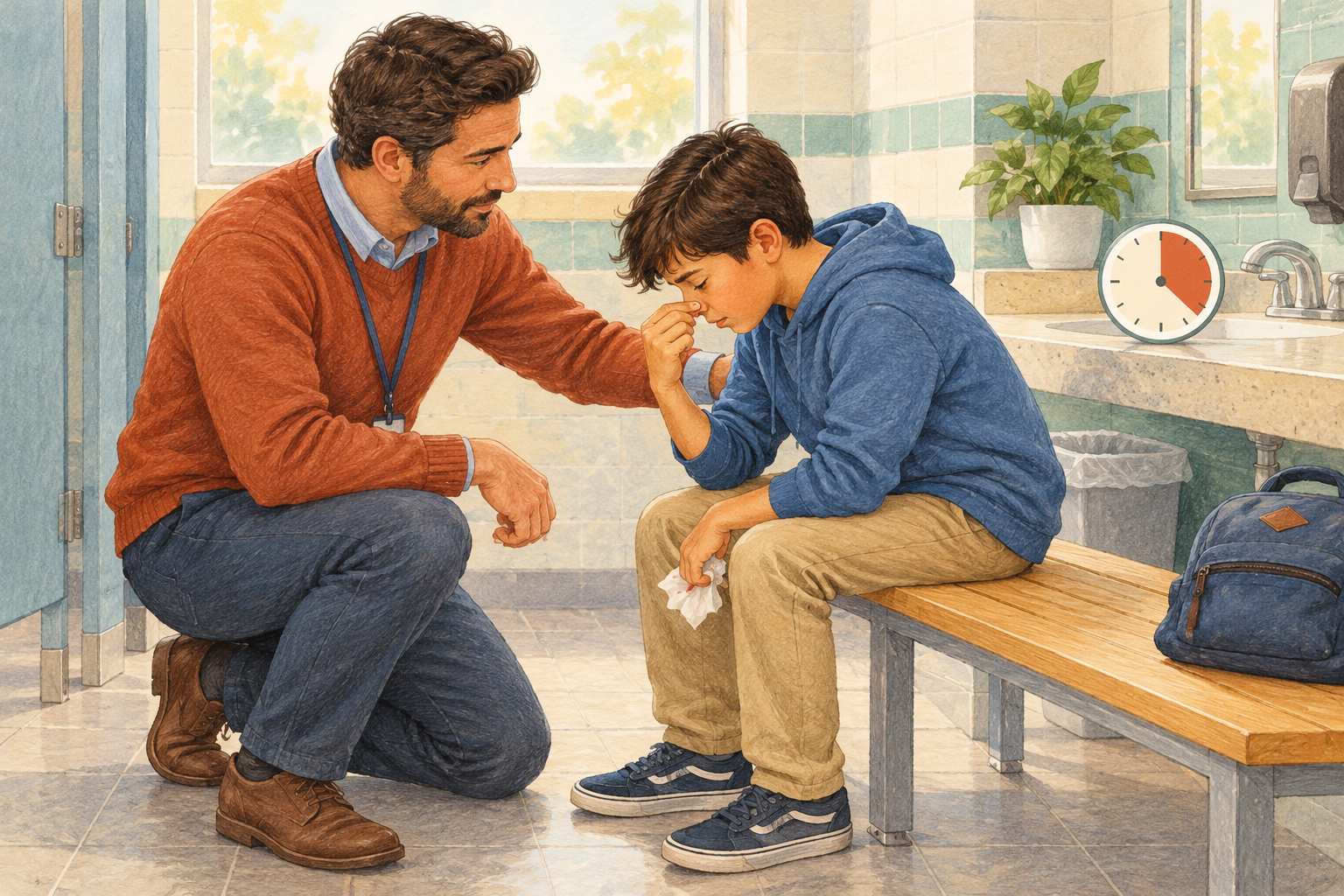 A caregiver helping a child lean forward and pinch the soft part of the nose