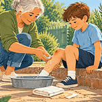 A caregiver gently cleaning and covering a child’s small knee scrape