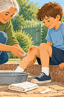 A caregiver gently cleaning and covering a child’s small knee scrape