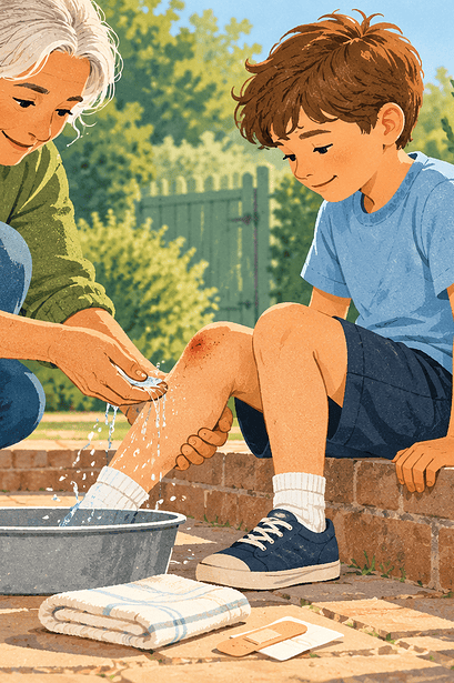 A caregiver gently cleaning and covering a child’s small knee scrape