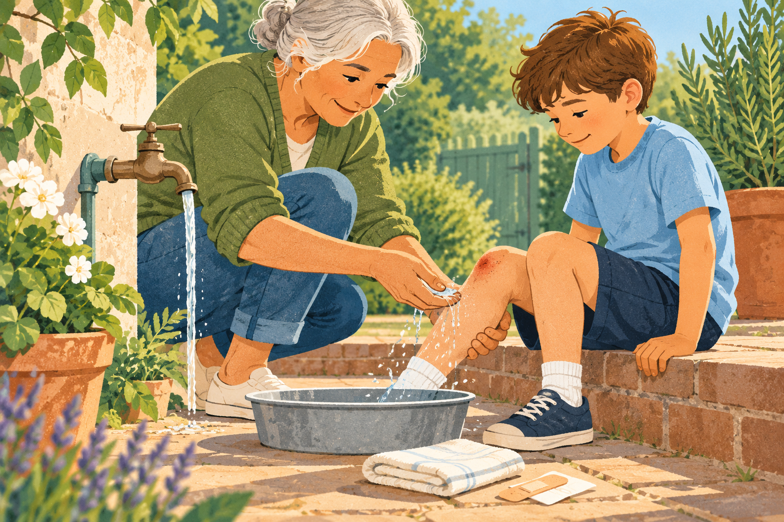 A caregiver gently cleaning and covering a child’s small knee scrape