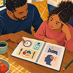 A parent and school-age child calmly noting headache patterns in a simple diary