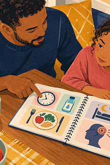 A parent and school-age child calmly noting headache patterns in a simple diary