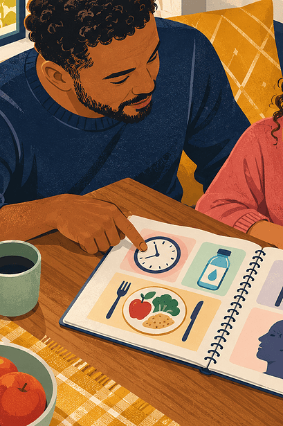 A parent and school-age child calmly noting headache patterns in a simple diary