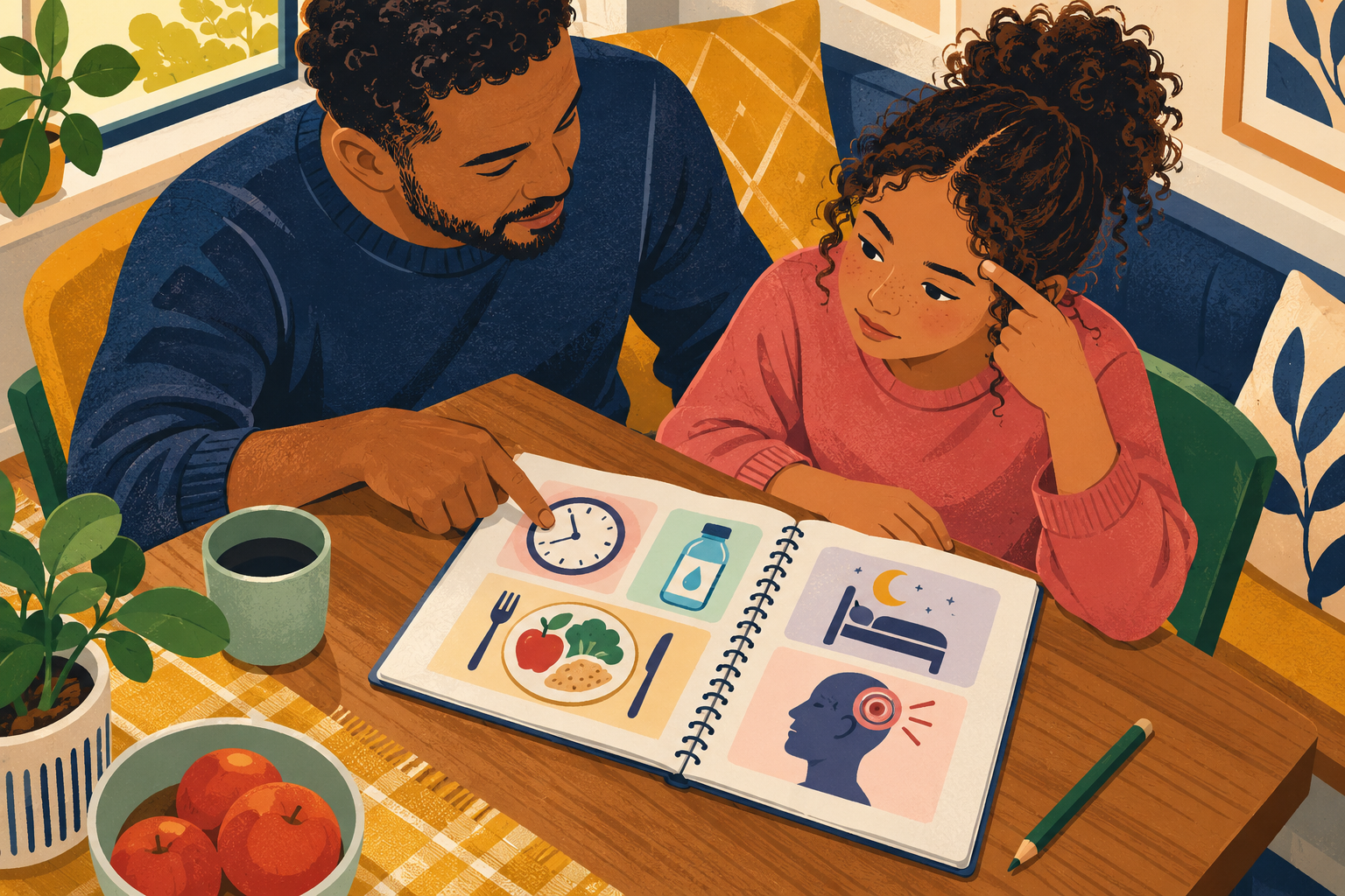 A parent and school-age child calmly noting headache patterns in a simple diary