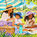 A diverse family using shade, sun hats, light clothing and sunscreen outdoors