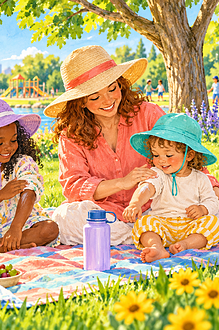 A diverse family using shade, sun hats, light clothing and sunscreen outdoors