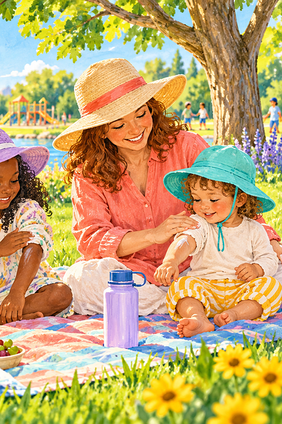 A diverse family using shade, sun hats, light clothing and sunscreen outdoors