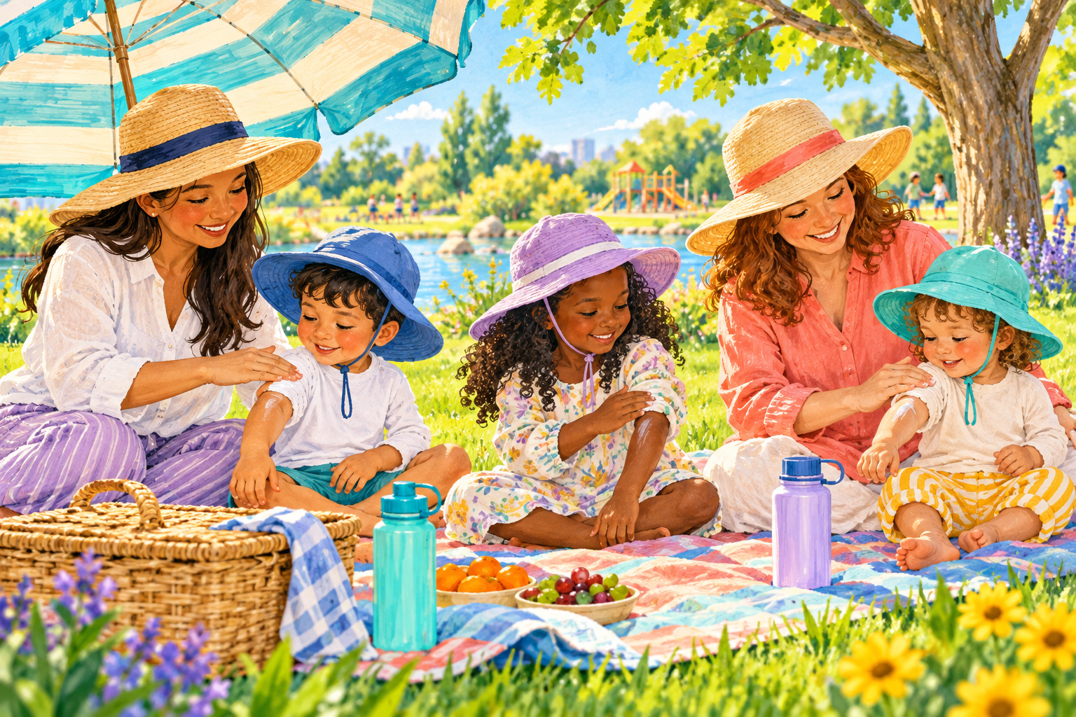 A diverse family using shade, sun hats, light clothing and sunscreen outdoors