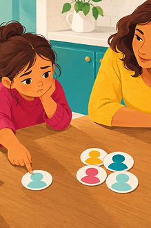 A caregiver listening closely to a school-age child who feels left out