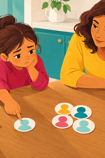 A caregiver listening closely to a school-age child who feels left out