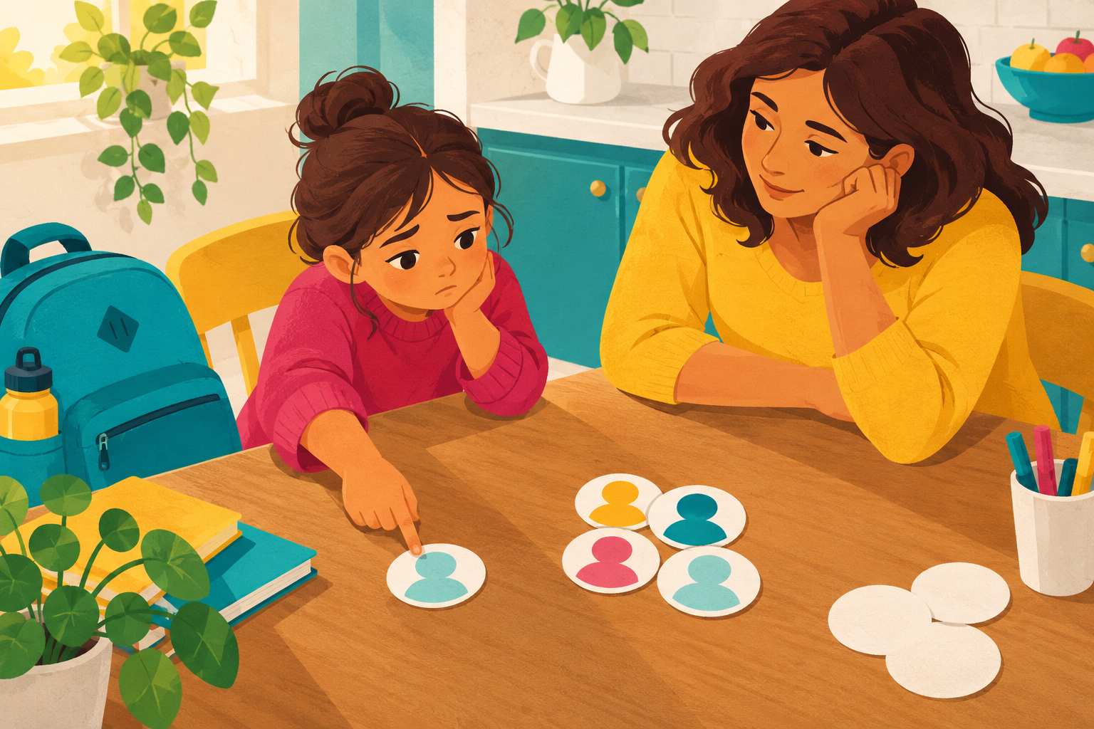 A caregiver listening closely to a school-age child who feels left out