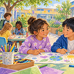 A new student joining two classmates in a welcoming school courtyard