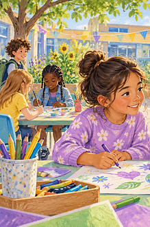 A new student joining two classmates in a welcoming school courtyard