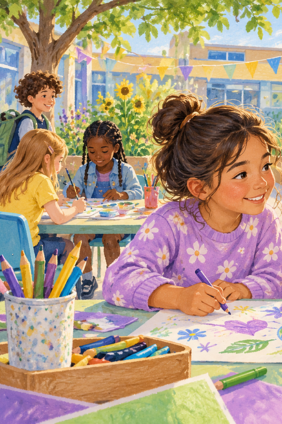 A new student joining two classmates in a welcoming school courtyard