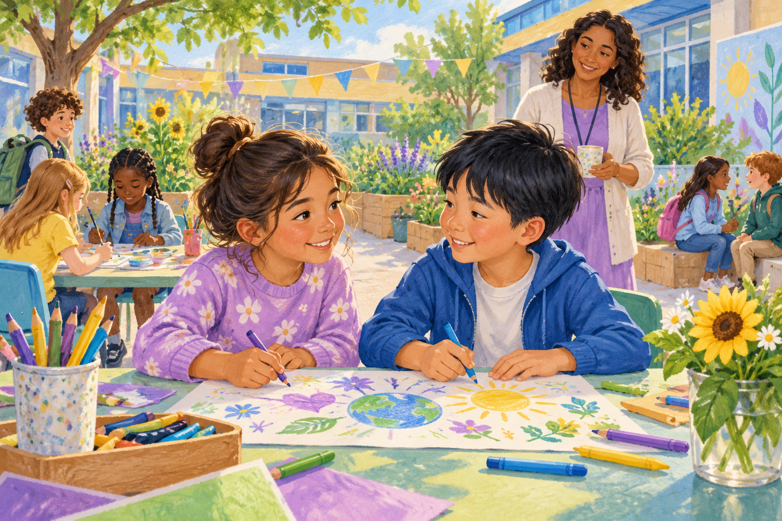 A new student joining two classmates in a welcoming school courtyard