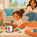 Two siblings using a timer to take turns with blocks while a caregiver observes
