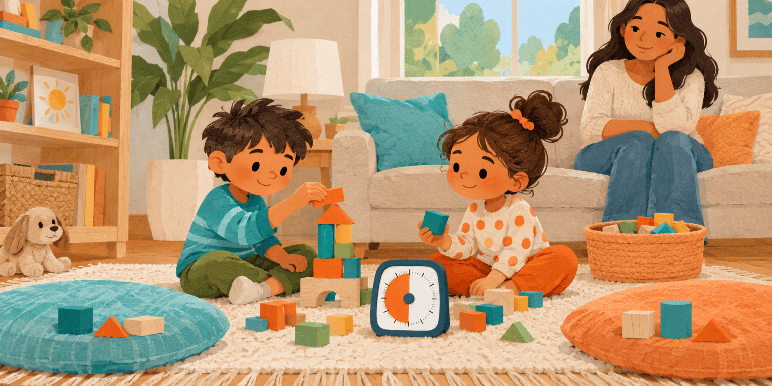 Two siblings using a timer to take turns with blocks while a caregiver observes