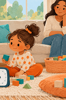 Two siblings using a timer to take turns with blocks while a caregiver observes