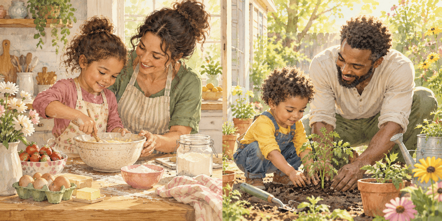 Two siblings enjoying different one-to-one activities with their caregivers