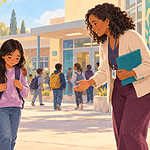 A child supporting a peer as they approach a trusted adult at school