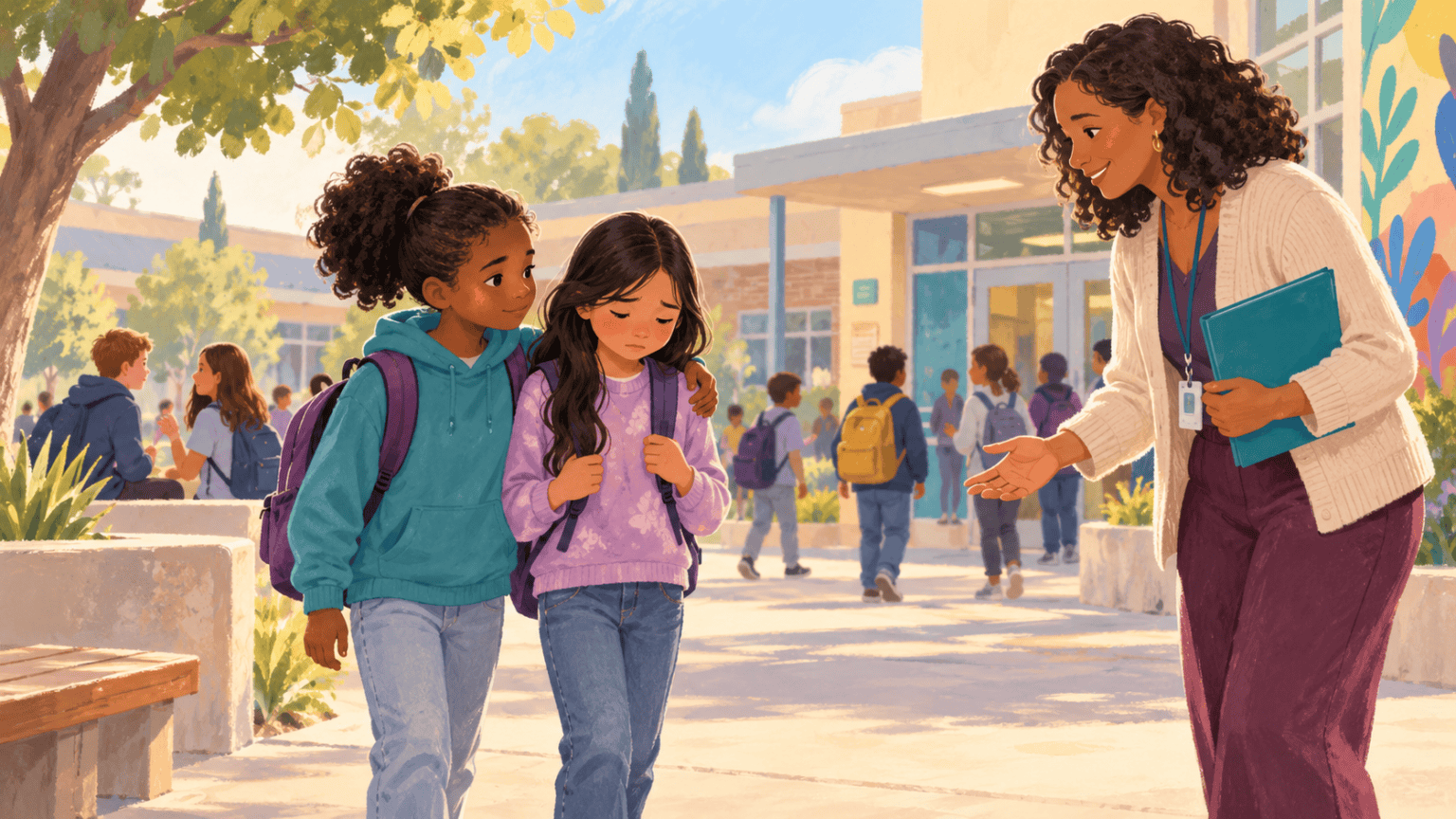 A child supporting a peer as they approach a trusted adult at school