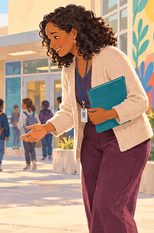 A child supporting a peer as they approach a trusted adult at school