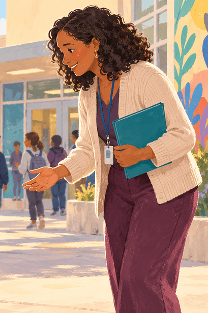 A child supporting a peer as they approach a trusted adult at school
