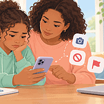 A caregiver helping a child review and report hurtful online messages