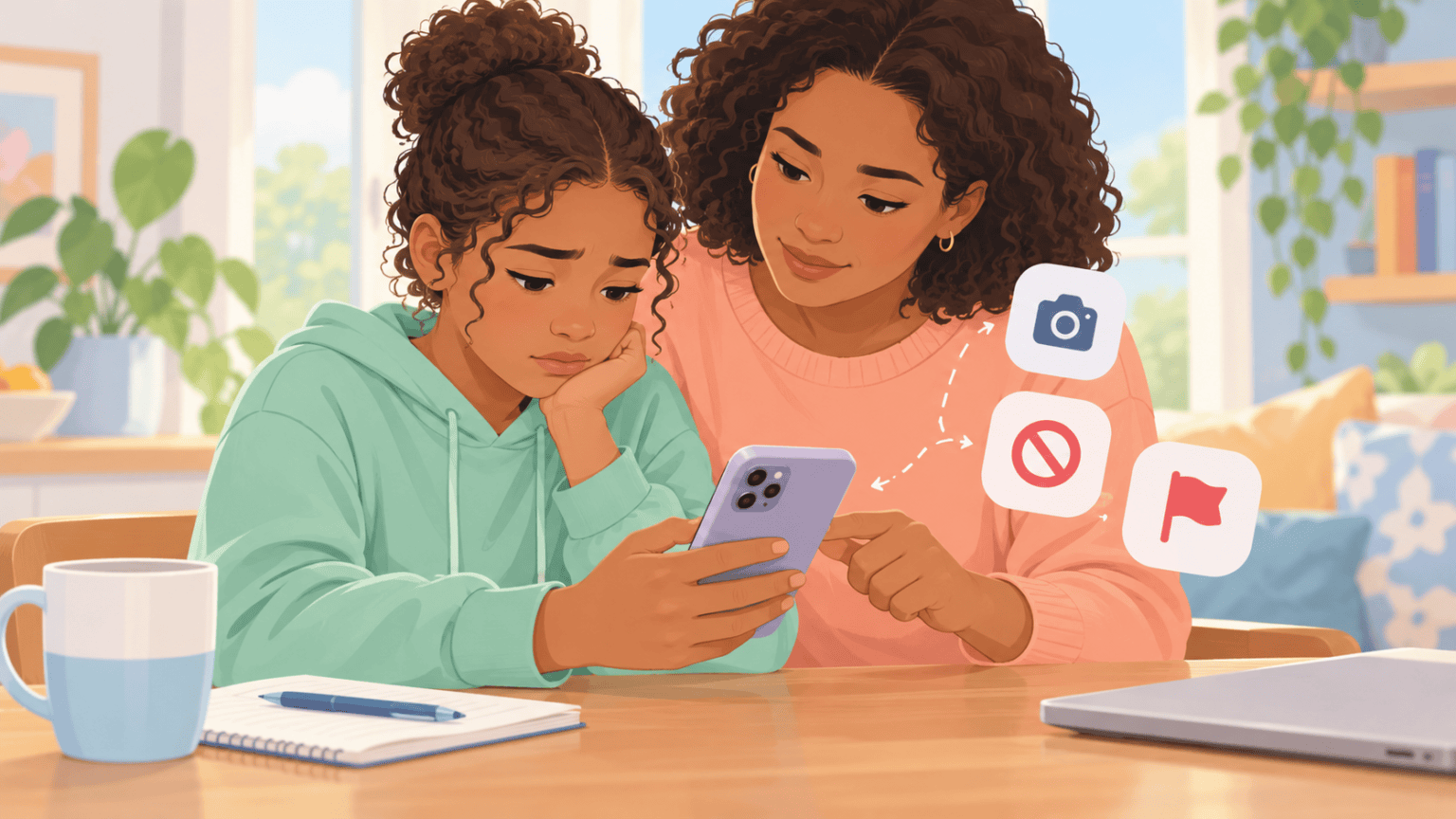 A caregiver helping a child review and report hurtful online messages