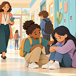 A student supporting an upset peer while a trusted teacher approaches