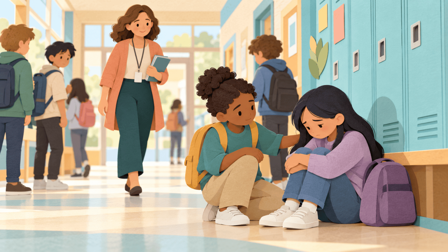 A student supporting an upset peer while a trusted teacher approaches