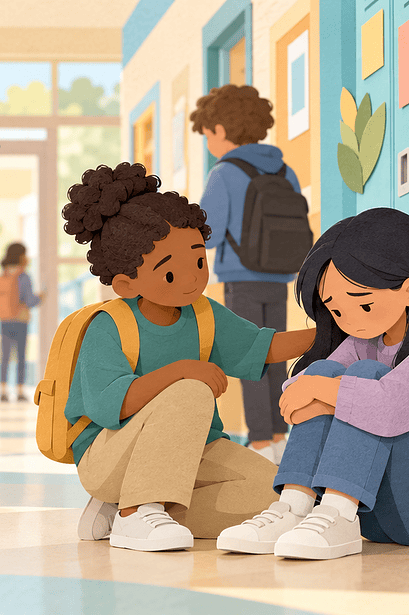 A student supporting an upset peer while a trusted teacher approaches