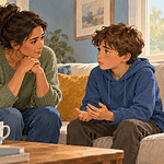 A caregiver listening seriously to a child during a calm conversation about harm