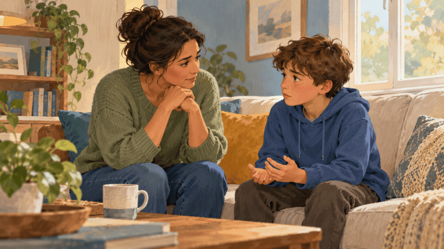 A caregiver listening seriously to a child during a calm conversation about harm